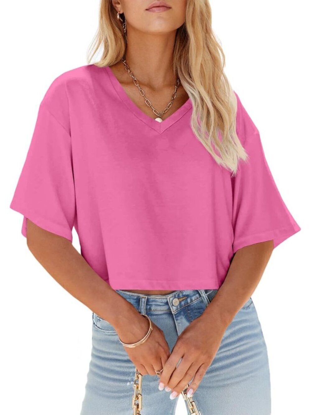 Women's Hot Pink Short Sleeve V Neck Cropped Casual Crop Tops T Shirts